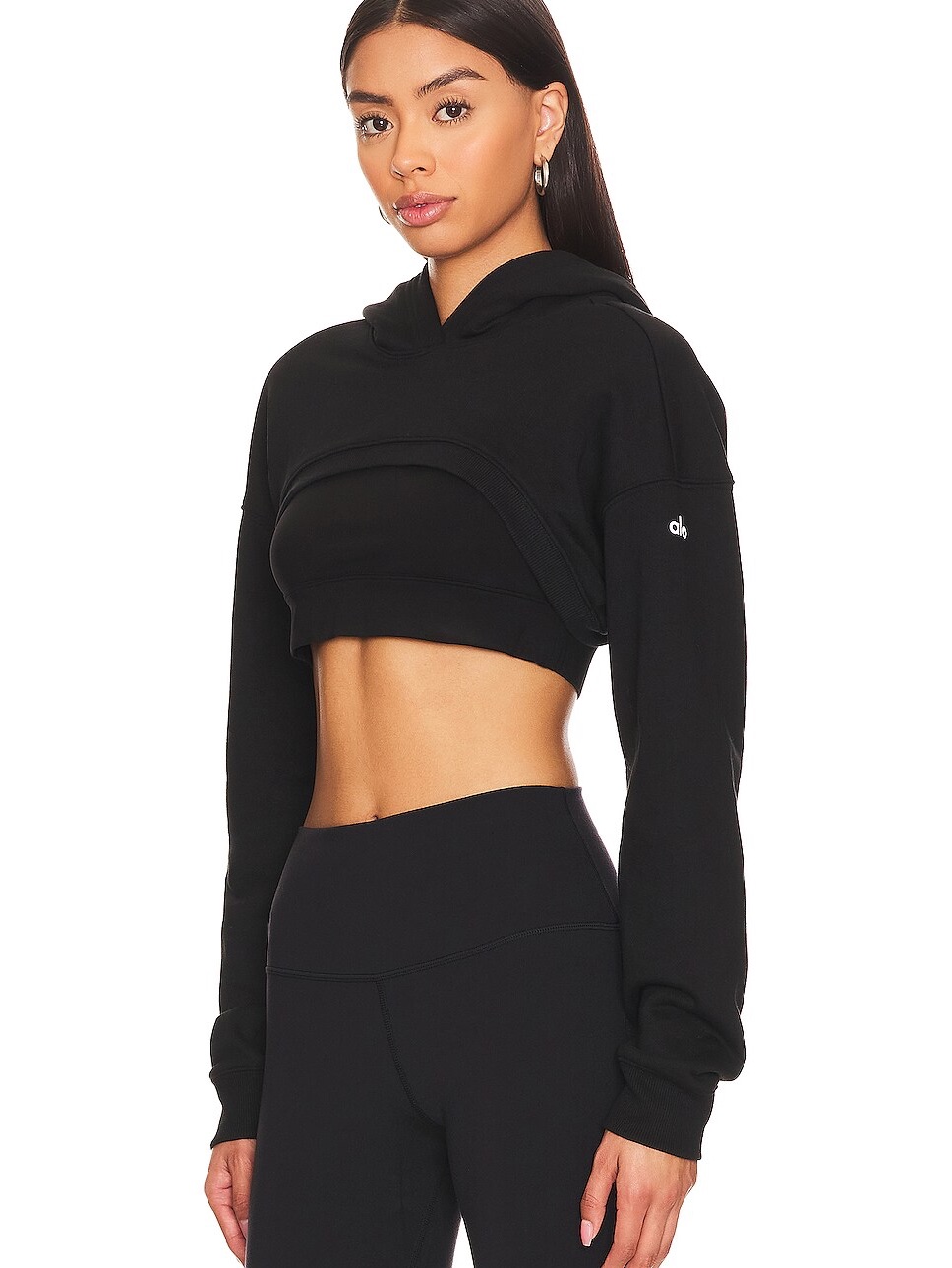 Alo Yoga Black Cropped Hoodie Top With Subtle Logo